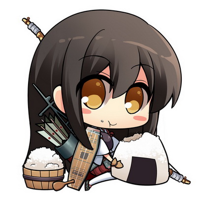 :t akagi_(kantai_collection) armor arrow blush_stickers bow_(weapon) brown_hair chibi food food_on_face gloves hitsuki_rei japanese_clothes kantai_collection long_hair looking_at_viewer lowres machinery muneate onigiri quiver rice rice_on_face solo spatula weapon yellow_eyes