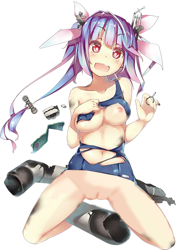 :d bad_id bad_pixiv_id bangs bare_legs blue_hair blunt_bangs bow breasts gradient_hair hair_bow i-19_(kantai_collection) kantai_collection multicolored_hair nipples nude_filter open_mouth pussy red_eyes school_swimsuit smile solo swimsuit symbol-shaped_pupils syobonne third-party_edit torn_clothes torn_swimsuit transparent_background twintails