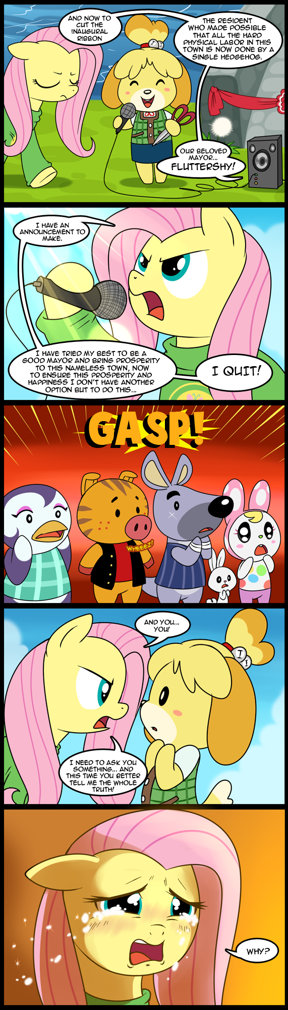 animal_crossing avian beak bird canine clothing comic crying dialog dog english_text equine eyes_closed female feral fluttershy_(mlp) friendship_is_magic frown fur green_eyes group hair horse isabelle_(animal_crossing) lagomorph long_hair madmax male mammal mic microphone my_little_pony nintendo open_mouth pegasus penguin pig pink_hair pony porcine rabbit scissors shocked smile speaker sweater tears teeth text tongue video_games wings yellow_fur