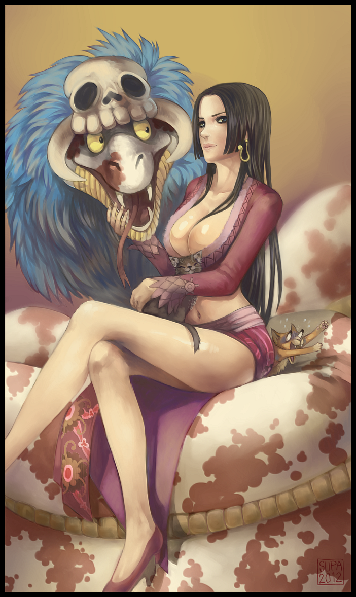 2012 amazon black_hair blue_eyes boa_hancock breasts cat cleavage earrings eye_pop forked_tongue hair_between_breasts high_heels jewelry large_breasts long_hair long_legs navel one_piece salome_(one_piece) signature sitting_on_animal skull snake snake_earrings supario tongue yellow_sclera