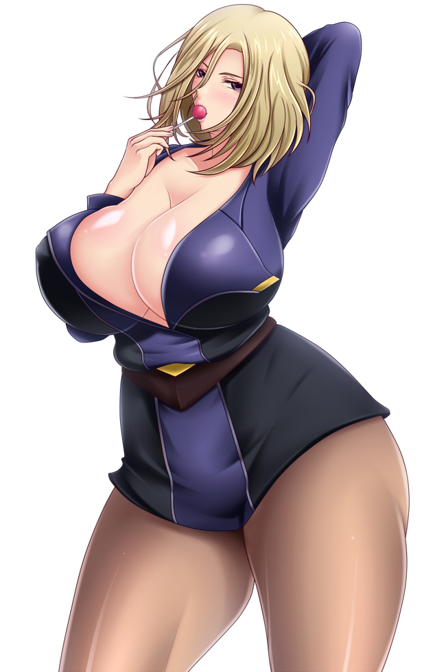 1girl arm_up blonde_hair breasts candy cleavage curvy huge_breasts lollipop majestic_prince pantyhose saogokushi solo suzukaze_rin thick_thighs thighs uniform