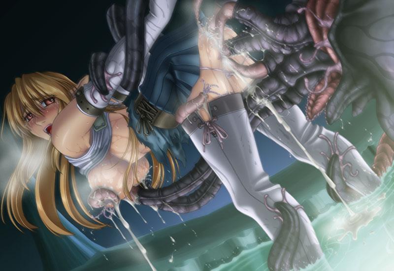 anal arm_grab arms_pulled artist_request bent_over blonde_hair breast_grab cave detached_sleeves elf from_behind grabbing long_hair miniskirt monster orange_eyes panties panty_pull pointy_ears rape skirt source_request tentacle thighhighs torn_clothes underwear vaginal water
