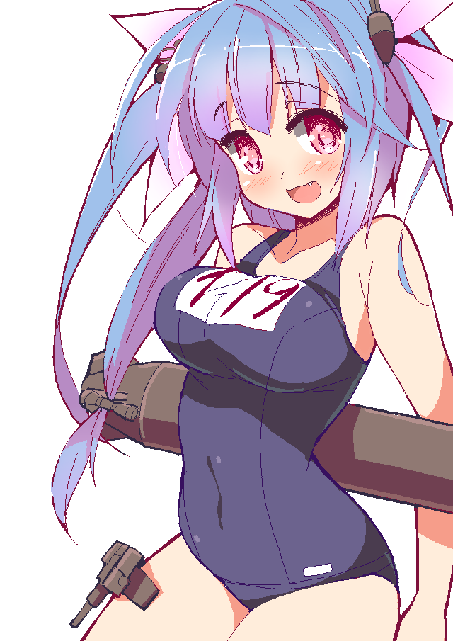 9law blue_hair blush breasts covered_navel fang hair_ornament hair_ribbon i-19_(kantai_collection) impossible_clothes impossible_swimsuit kantai_collection large_breasts long_hair looking_at_viewer md5_mismatch multicolored_hair oekaki one-piece_swimsuit open_mouth purple_hair red_eyes ribbon school_swimsuit simple_background smile solo swimsuit torpedo twintails two-tone_hair white_background