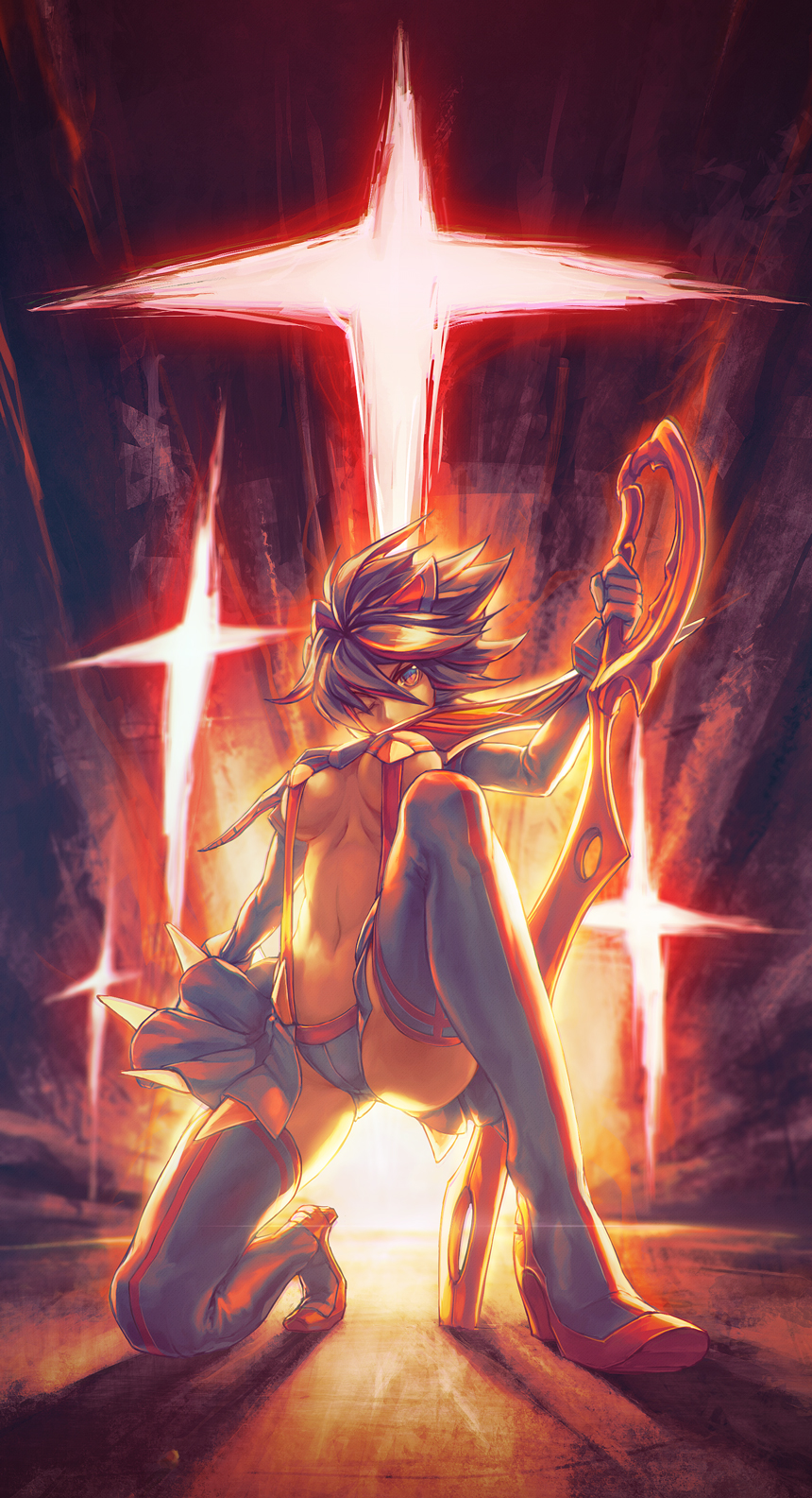 boots breasts highres kill_la_kill matoi_ryuuko medium_breasts revealing_clothes rotix scissor_blade senketsu short_hair sword thigh_boots thighhighs underboob weapon