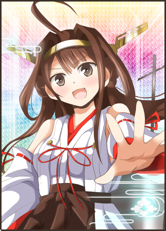 :d ahoge brown_eyes brown_hair deego_(omochi_bazooka) detached_sleeves fang hairband kantai_collection kongou_(kantai_collection) long_hair long_sleeves nontraditional_miko open_mouth outstretched_arm outstretched_hand smile solo wide_sleeves