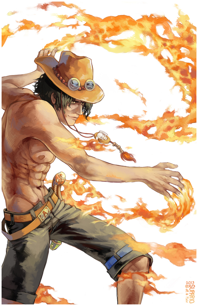 2013 abs artist_name black_hair cowboy_hat fire freckles goggles goggles_on_headwear hat male_focus one_piece portgas_d_ace shirtless skull solo supario white_background