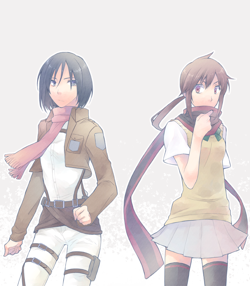 belt black_hair brown_hair buckle clenched_hands emblem grey_background jacket lavender_skirt long_sleeves looking_at_another looking_at_viewer mikasa_ackerman multiple_girls open_clothes open_jacket paradis_military_uniform pleated_skirt ponytail radio_magic scarf shingeki_no_kyojin short_hair simple_background skirt standing sweater_vest thigh_strap thighhighs yarizakura_hime yozakura_quartet zettai_ryouiki