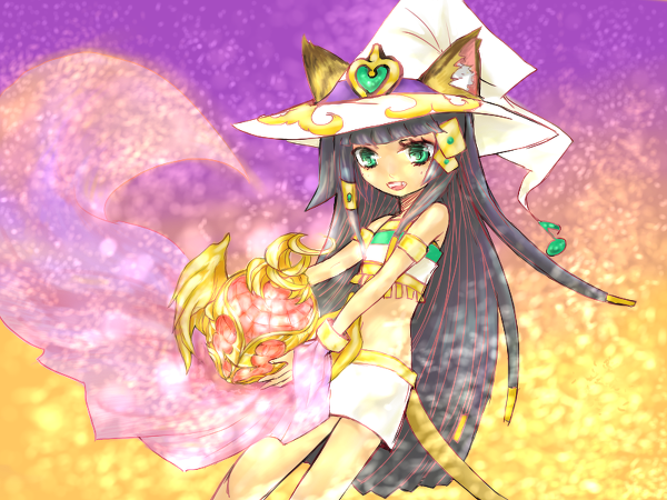 1girl :d animal_ears animal_tail bastet_(p&amp;d) brown_hair cat_ears cat_tail clothed costume dark_skin egyptian female green_eyes hair hat jewelry long_hair lots_of_jewelry open_mouth puzzle_&amp;_dragons smile solo tail very_long_hair