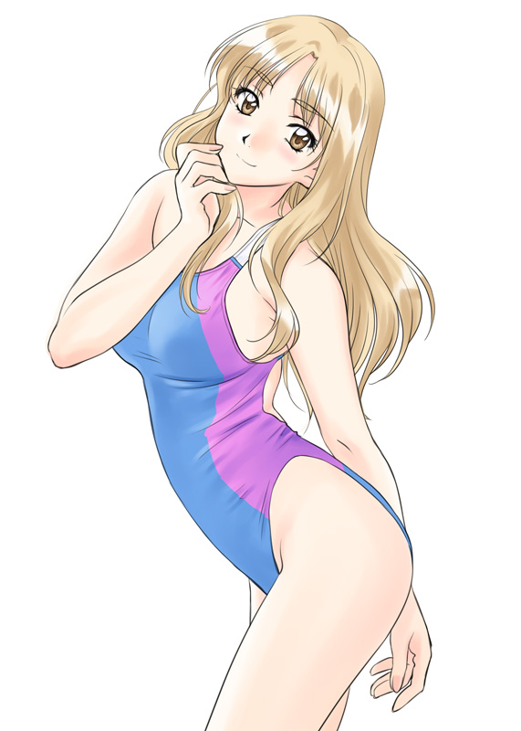 arm_behind_back blonde_hair blush brown_eyes competition_swimsuit endou_akira eyebrows_visible_through_hair hand_on_own_chin long_hair looking_at_viewer one-piece_swimsuit polorinken sentimental_graffiti simple_background smile solo swimsuit white_background
