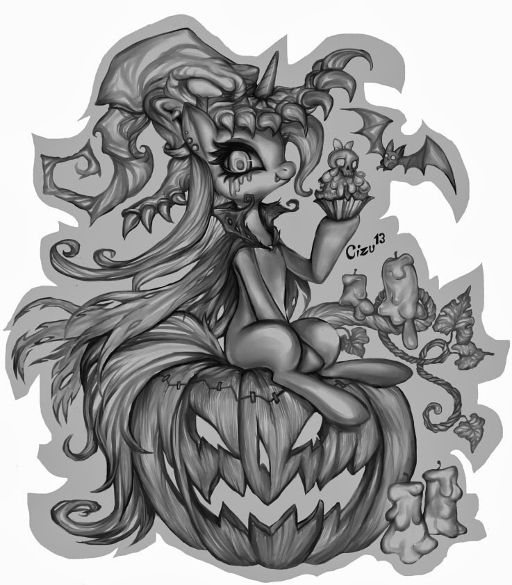 bat black_and_white candle cape cizu cupcake devilicious ear_piercing equine fangs female feral food fur greyscale hair halloween hat holidays horn horse jack_o'_lantern jack_o'_lantern long_hair looking_at_viewer mammal monochrome my_little_pony open_mouth original_character piercing plain_background pony pumpkin sitting skull smile solo teeth unicorn wings