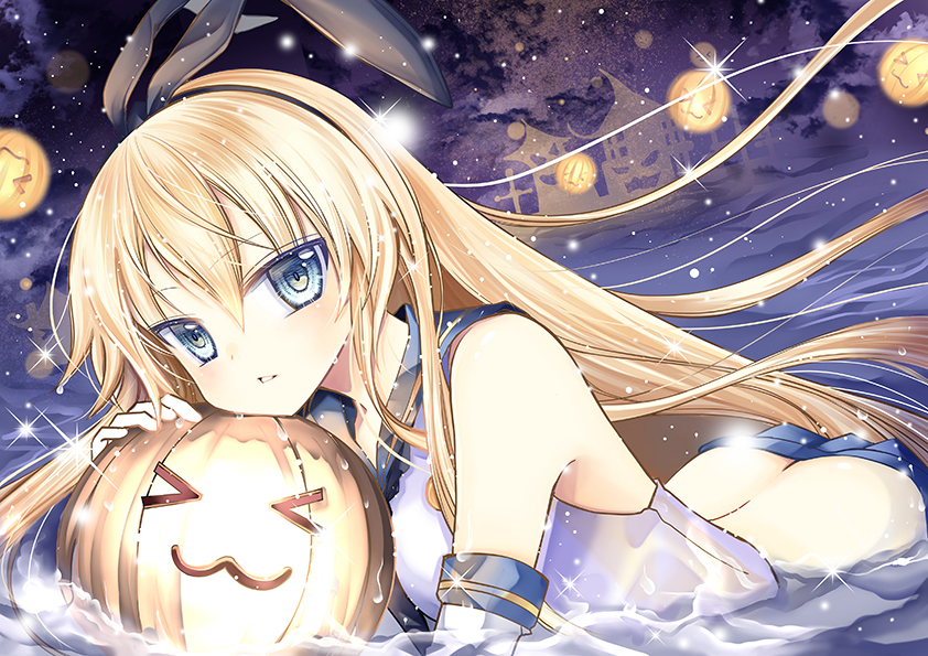 &gt;_&lt; :3 blonde_hair blue_eyes closed_eyes cosplay elbow_gloves fei_xina gloves hairband halloween jack-o'-lantern kantai_collection long_hair looking_at_viewer lying on_stomach partially_submerged pumpkin rensouhou-chan rensouhou-chan_(cosplay) shimakaze_(kantai_collection) skirt solo water