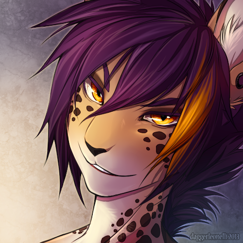 amber_eyes ambiguous_gender cheetah dagger_leonelli ear_piercing feline hair icon looking_at_viewer mammal piercing purple_hair reyne