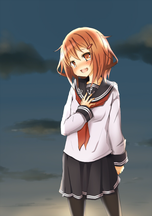 brown_eyes brown_hair crying crying_with_eyes_open ikazuchi_(kantai_collection) kantai_collection long_sleeves looking_at_viewer mokichi812 pantyhose pleated_skirt school_uniform serafuku skirt solo tears white_background