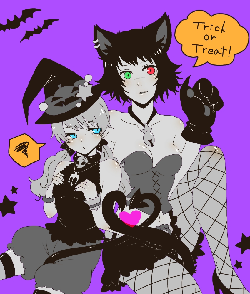 2girls animal_ears black_hair breast_envy breasts capcom cat_ears collar collarbone devil_may_cry devil_may_cry_(anime) devil_may_cry_3 fangs fishnet_legwear fishnet_stockings fishnets freckles hair_ornament hair_ornaments hair_ribbon halloween heterochromia knees lady lady_(devil_may_cry) large_breasts legs multiple_girls navel patty_lowell ribbon small_breasts twintails witch