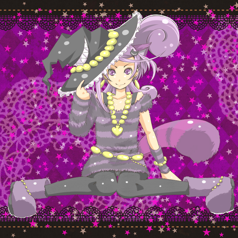 alternate_costume animal_ears ankle_boots asymmetrical_clothes black_legwear boots cure_sword curly_hair dokidoki!_precure earrings full_body hair_ornament half_updo hat jewelry kasetsu kenzaki_makoto letterboxed looking_at_viewer necklace pantyhose pendant pink_background ponytail precure purple_background purple_eyes purple_hair short_hair simple_background sitting smile solo tail wariza witch_hat