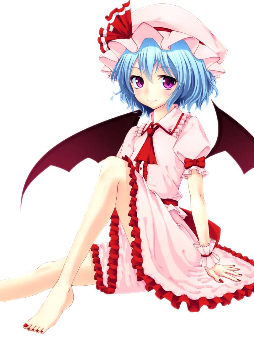 ascot barefoot bat_wings blouse blue_hair bow buttons collared_shirt dress fingernails frilled_dress frilled_shirt frilled_skirt frills hat hat_bow junior27016 large_bow looking_at_viewer mob_cap pink_dress pink_shirt pink_skirt puffy_sleeves purple_eyes remilia_scarlet ribbon shirt short_sleeves sitting skirt skirt_set smile solo toenail_polish touhou wings wrist_cuffs