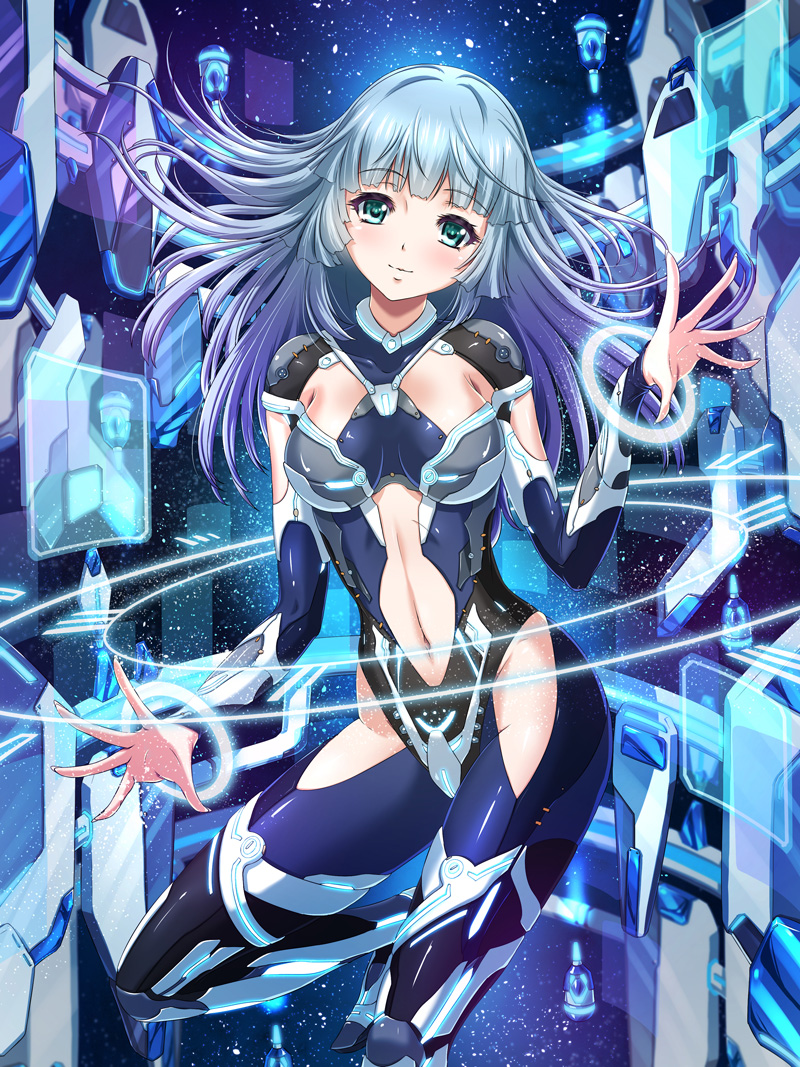 blue_hair bodysuit breasts chaki-yam green_eyes holographic_interface jewelry light_particles medium_breasts navel original ring