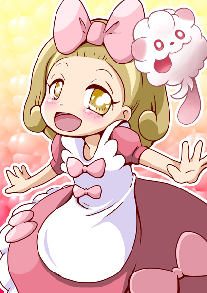 blonde_hair blush bow child dress fairy_tale_girl_(pokemon) gen_6_pokemon hair_bow looking_at_viewer open_mouth pokemon pokemon_(creature) smile soboro_(jitome_dan) solo swirlix yellow_eyes