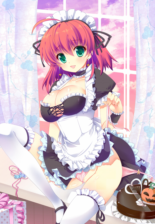 apron blush box breasts cake cleavage earrings food frills gift gift_box green_eyes halloween hinata_momo jewelry large_breasts looking_at_viewer magical_halloween maid maid_headdress open_mouth panties pink_panties red_hair side-tie_panties sitting smile solo star star_earrings thighhighs underwear untied