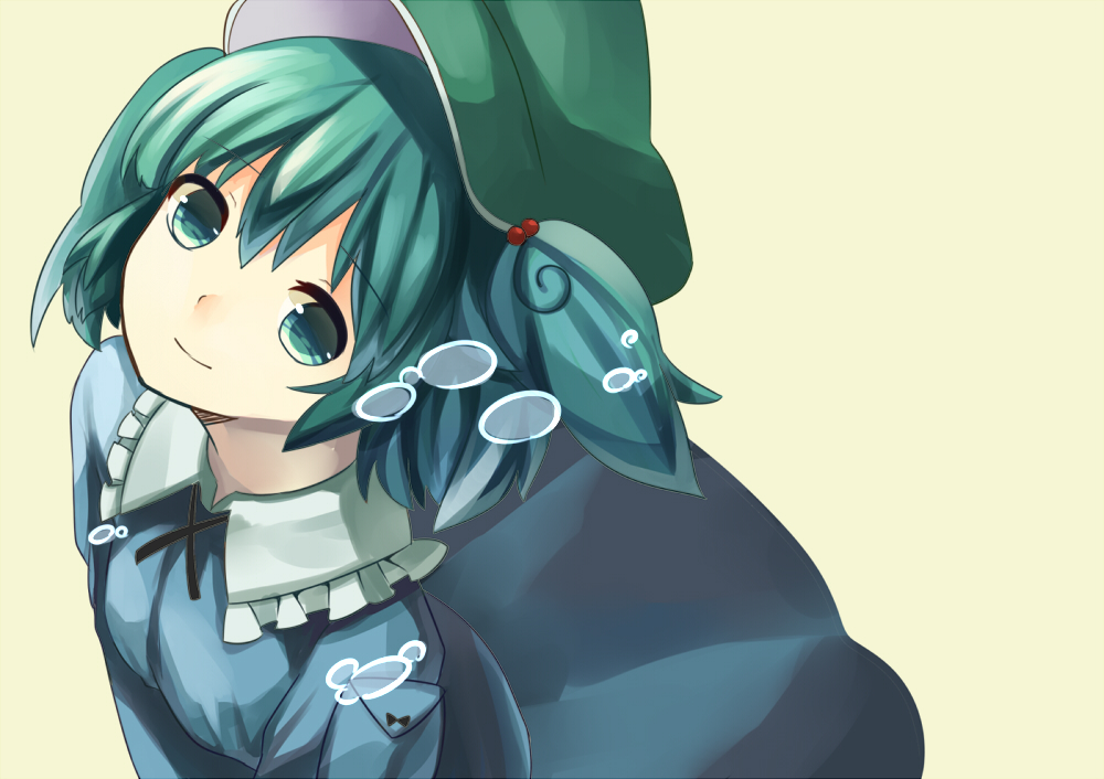 bad_id bad_pixiv_id bubble green_eyes green_hair hair_bobbles hair_ornament kawashiro_nitori orin_(mhux) pocket short_hair short_twintails simple_background smile solo touhou twintails two_side_up