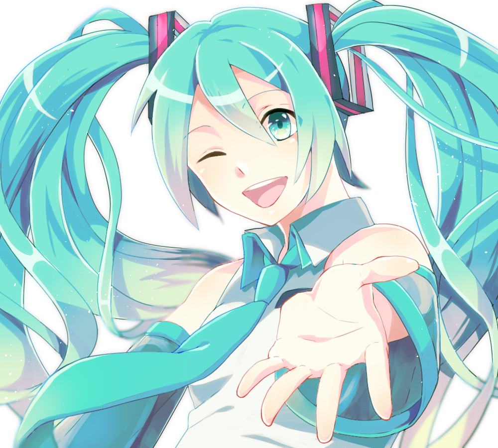 ;d aqua_neckwear asa bad_id bad_pixiv_id collared_shirt detached_sleeves green_eyes green_hair hatsune_miku headgear long_hair looking_at_viewer necktie one_eye_closed open_mouth outstretched_hand palms reaching shirt simple_background smile solo twintails vocaloid white_background