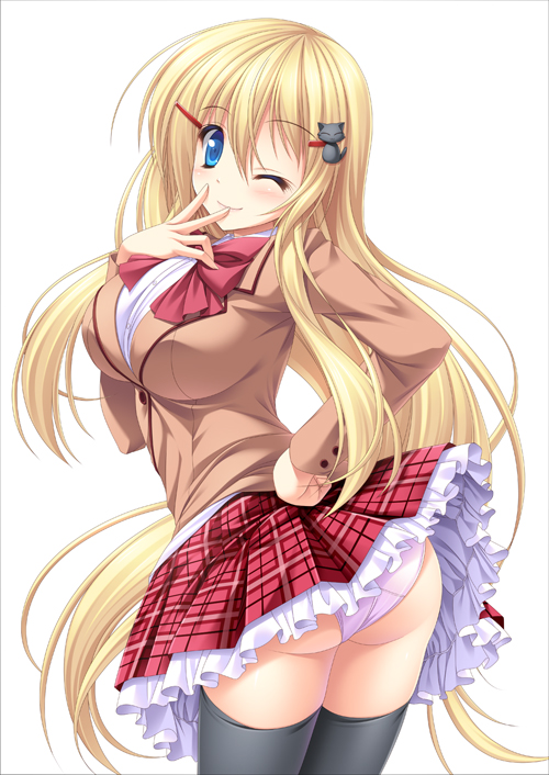 ;) ass blonde_hair blue_eyes breasts cat_hair_ornament frilled_skirt frills hair_ornament hairclip hairpin kamiya_tomoe large_breasts long_hair one_eye_closed original panties plaid plaid_skirt pleated_skirt school_uniform simple_background skirt smile solo thighhighs underwear very_long_hair