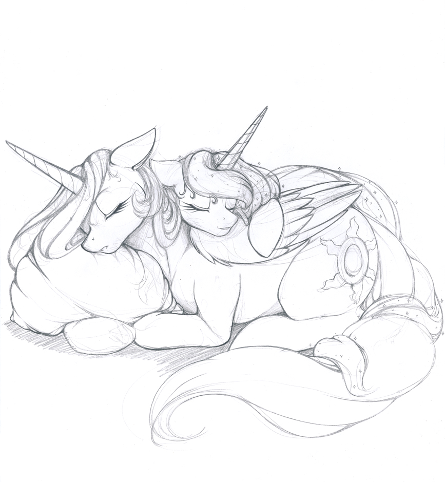 black_and_white cutie_mark duo equine eyes_closed female feral friendship_is_magic horn horse longinius mammal monochrome my_little_pony pillow plain_background pony princess_celestia_(mlp) princess_luna_(mlp) sibling sisters sleeping sparkles winged_unicorn wings