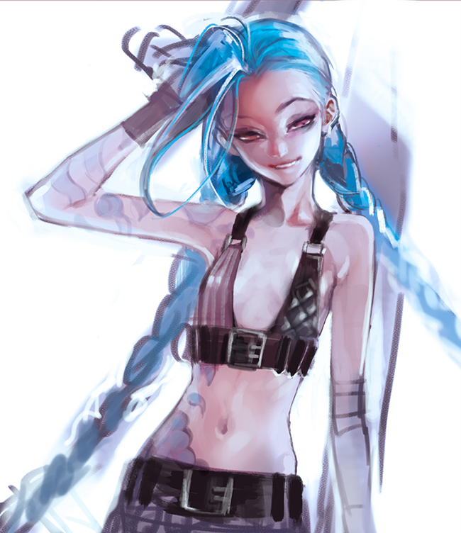 arm_up backlighting bare_shoulders biting blue_hair braid breasts buckle bullet crop_top gloves hand_on_own_head head_tilt jewelry jinx_(league_of_legends) league_of_legends lip_biting lipstick long_hair makeup midriff navel orange_eyes sketch small_breasts smile solo tattoo twin_braids upper_body very_long_hair weapon white_background yooani