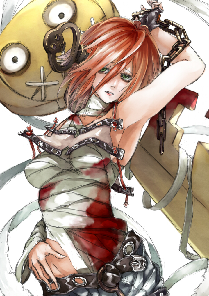 a.b.a armpits arms_up bad_id bad_pixiv_id bags_under_eyes bandages blood breasts chain fingerless_gloves fujinohara_akihira gloves green_eyes guilty_gear key key_in_head medium_breasts paracelsus red_hair short_hair solo