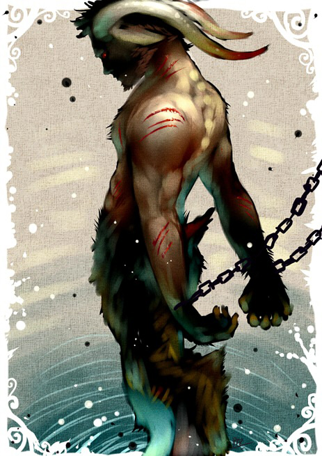 blood bound chain demon horn male pockyrumz pose red_eyes satyr solo water whirlpool wounded