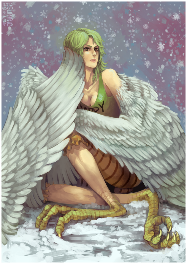 2012 artist_name breasts chin_rest cleavage clothes_writing feathered_wings feathers green_hair harpy medium_breasts monet_(one_piece) monster_girl one_piece orange_eyes pants sitting snow snowing solo striped striped_pants supario talons tank_top wings
