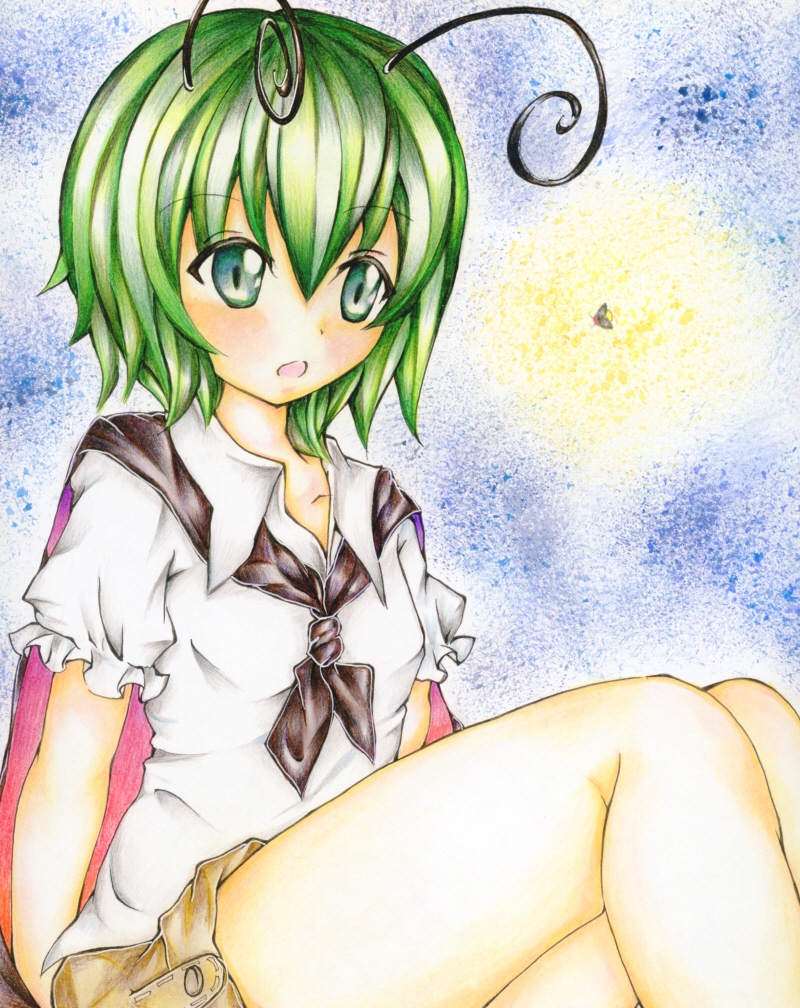 antennae bare_legs blouse blue_background bug cape colored_pencil_(medium) firefly green_eyes green_hair insect knees_up kuropotechi looking_away open_mouth paint_(medium) short_hair short_sleeves shorts sitting_on_hand solo touhou traditional_media wriggle_nightbug