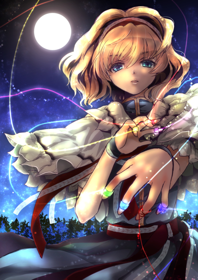 alice_margatroid blonde_hair blue_eyes capelet full_moon hairband looking_at_viewer moon night oka_(umanihiki) outdoors parted_lips red_string ribbon sash solo string touhou tree
