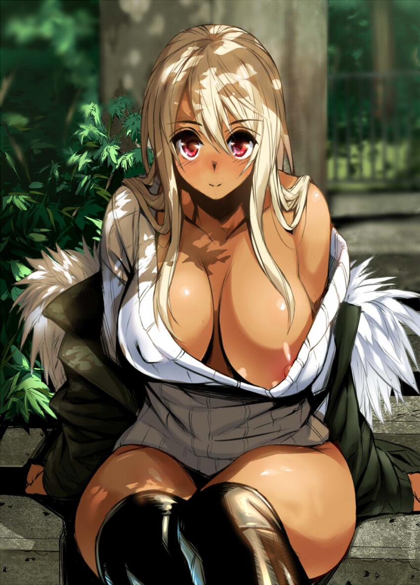 bad_id bad_twitter_id blonde_hair blush boots breasts breasts_outside cleavage covered_nipples dappled_sunlight dark_skin fur_trim gen_(black_factory) large_breasts long_hair looking_at_viewer nipple_slip nipples no_bra off_shoulder original outdoors red_eyes ribbed_sweater shiny sitting smile solo sunlight sweater thigh_boots thighhighs