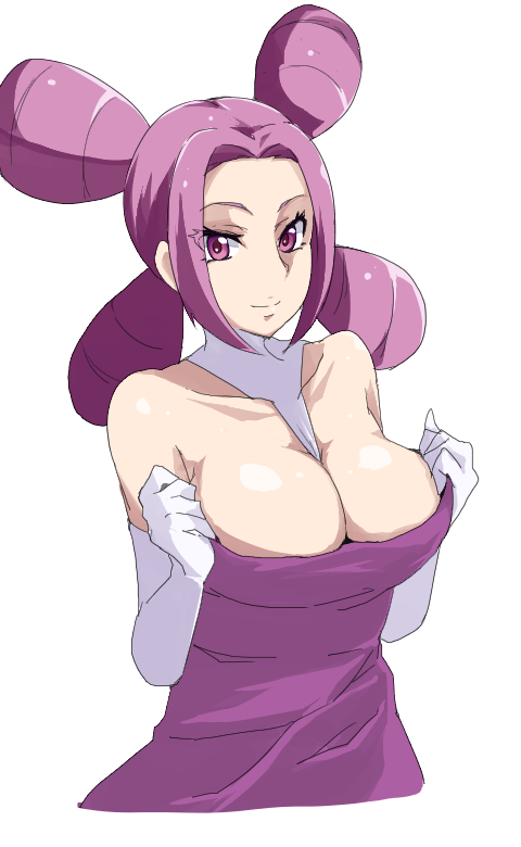 1girl bare_shoulders between_breasts breasts bursting_breasts cleavage collarbone dress elbow_gloves gloves gym_leader huge_breasts large_breasts long_hair looking_at_viewer melissa_(pokemon) nintendo pokemon pokemon_(game) purple_eyes purple_hair quad_tails shiny shiny_skin smile solo white_gloves wigglytuff_(artist) wigglytuff_(pokeacc)