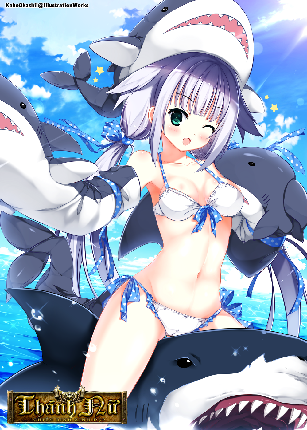 ;d animal_hat bad_id bad_pixiv_id bikini breasts commentary_request day fang green_eyes halterneck hand_puppet hat highres kaho_okashii lavender_hair long_hair medium_breasts ocean one_eye_closed open_mouth original puppet riding shark side-tie_bikini smile solo swimsuit water white_bikini