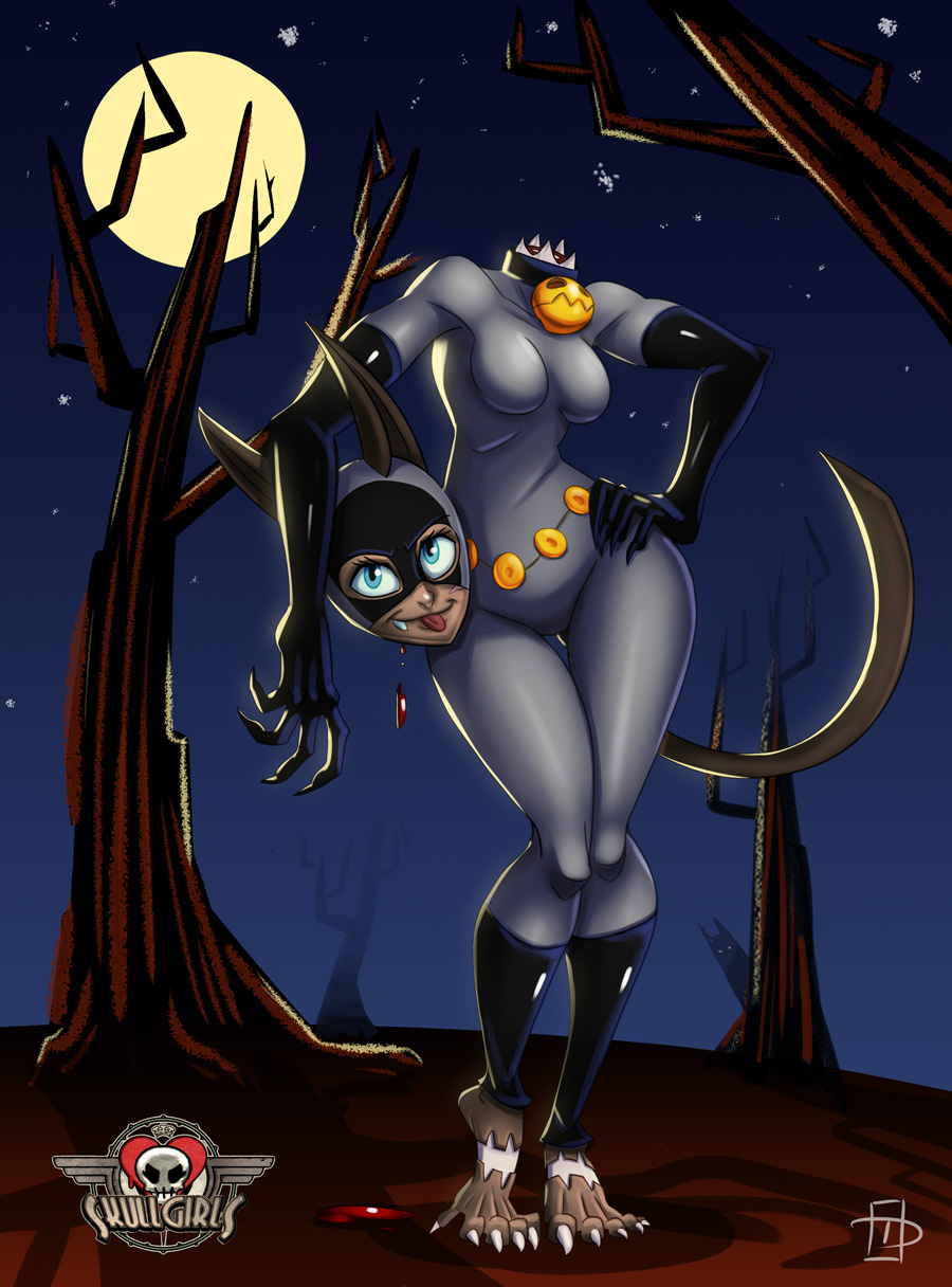 animal_ears barefoot bell bell_collar black_gloves blue_eyes bodysuit breasts cat_ears cat_tail catsuit catwoman catwoman_(cosplay) collar contrapposto cosplay dark_skin dc_comics disembodied_head dustin_cantos elbow_gloves full_moon gloves grey_bodysuit hand_on_hip highres jewelry long_legs medium_breasts moon mouth_hold ms._fortune_(skullgirls) night night_sky skullgirls sky solo standing tail