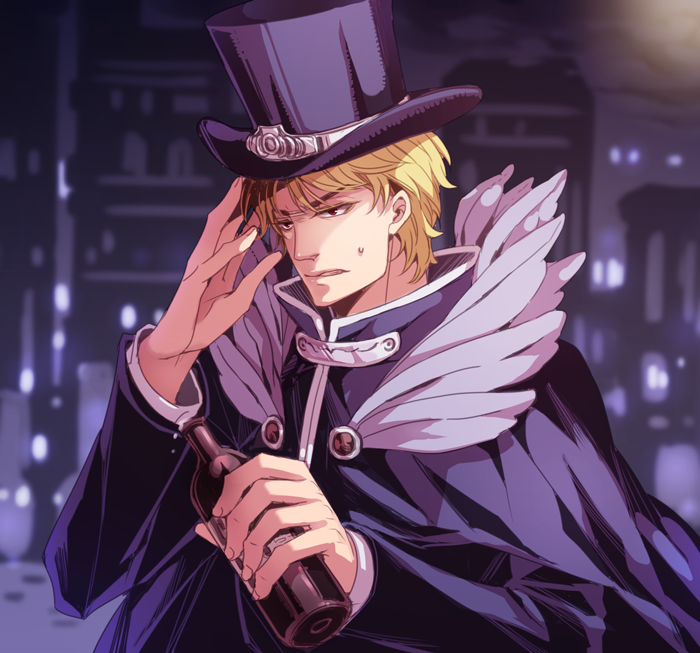 bad_id bad_pixiv_id blonde_hair bottle bxyzic cape dio_brando hat jojo_no_kimyou_na_bouken male_focus solo top_hat