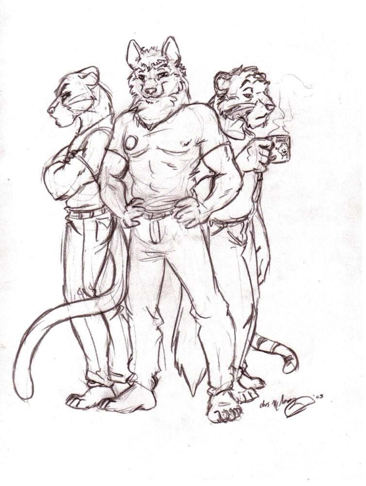 canine clothing coffee comic crossed_arms duo ears_down ears_up fel feline grin group hand_on_hip jeans male mammal monochrome panther plantigrade shirt signature sketch smile squinting standing tank_top teeth tiger whiskers wolf
