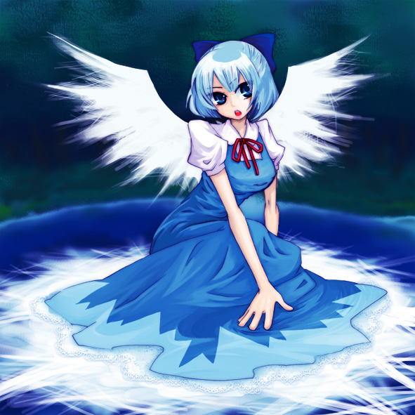 alternate_wings blue_dress blue_eyes blue_hair bow cirno dress hair_bow legs_folded open_mouth ribbon sitting solo tmc touhou wings