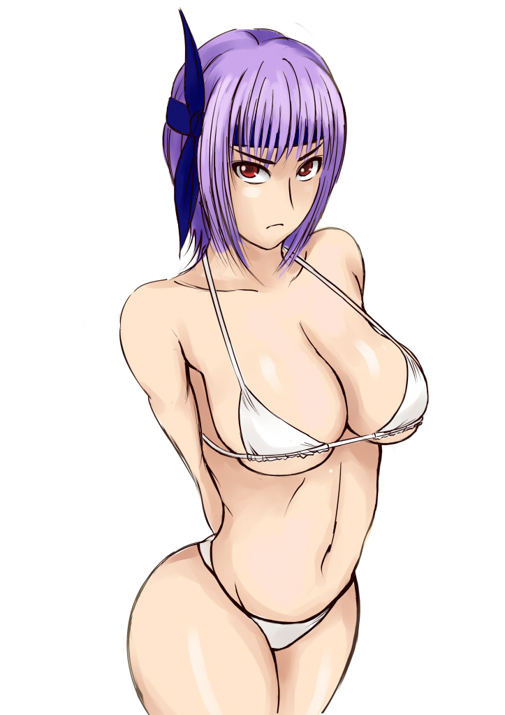 1girl ayane ayane_(doa) bikini breasts dead_or_alive frown large_breasts motoi purple_hair red_eyes short_hair simple_background solo swimsuit white_background