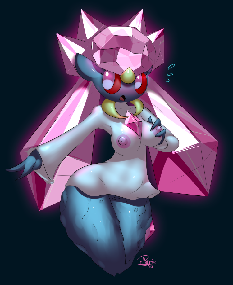 anthro anthrofied breasts clothed clothing crystal diancie dress elpatrixf eyelashes female grasp half-dressed hand_on_breasts looking_away nintendo nipples open_mouth plain_background pok&#233;mon pok&eacute;mon pussy red_eyes shadow shiny solo standing teal_background tongue video_games white_eyes