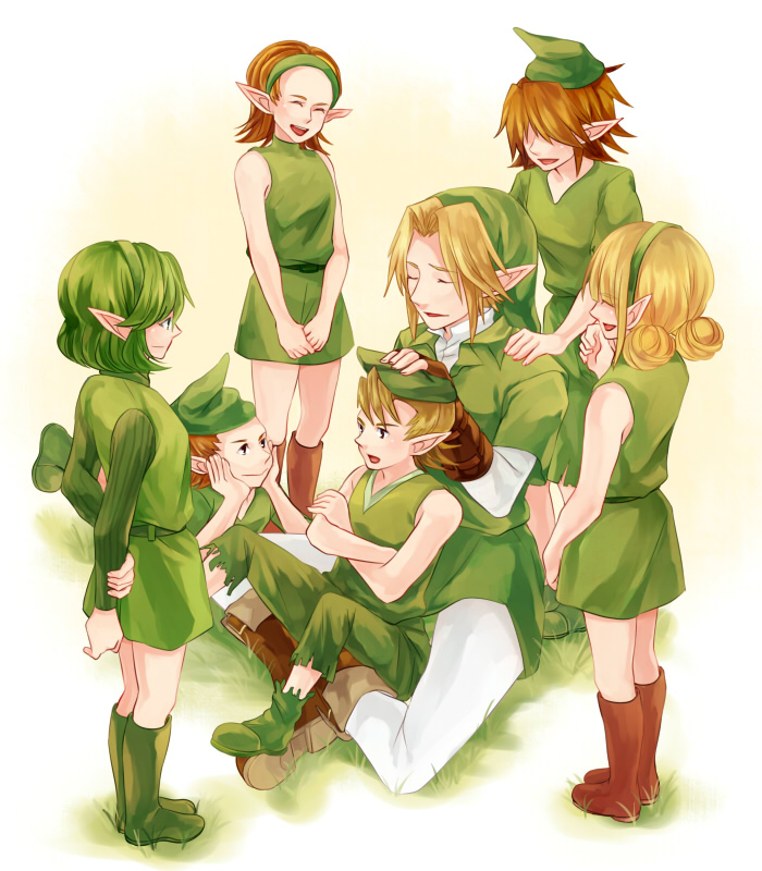 boots brown_hair crossed_arms gloves green_footwear hairband hand_on_another's_head hat link long_hair mido multiple_boys multiple_girls on_lap pointy_ears saria sitting smile standing the_legend_of_zelda the_legend_of_zelda:_ocarina_of_time tsuzuyama