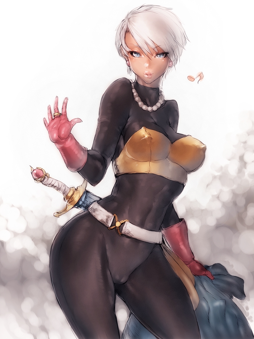 blue_eyes bodysuit breasts cameltoe covered_nipples dark_skin dragon_quest dragon_quest_iii earrings fumio_(rsqkr) gloves jewelry large_breasts lips musical_note necklace ring short_hair silver_hair simple_background smile solo sword thief_(dq3) thighs weapon white_background