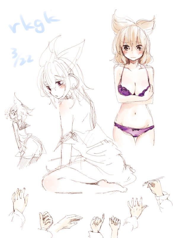 barefoot blush bra breast_hold breasts cleavage dated hands large_breasts light_brown_hair looking_back makuwauri multiple_views navel panties purple_bra purple_panties shirt_pull simple_background sitting sketch solo_focus thigh_gap touhou toyosatomimi_no_miko underwear underwear_only wariza white_background