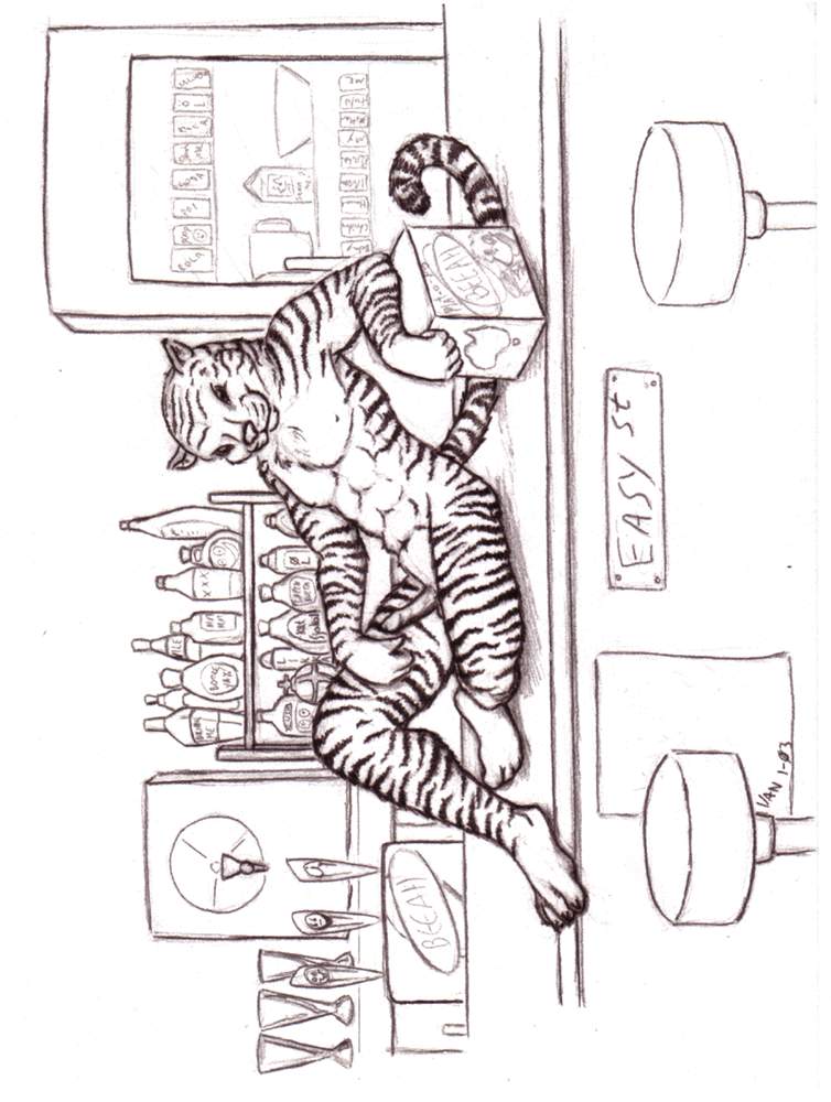 black_and_white comic english_text erection fel feline liquor lying male mammal monochrome nude on_back penis plantigrade reclined reclining sketch solo stripes text tiger