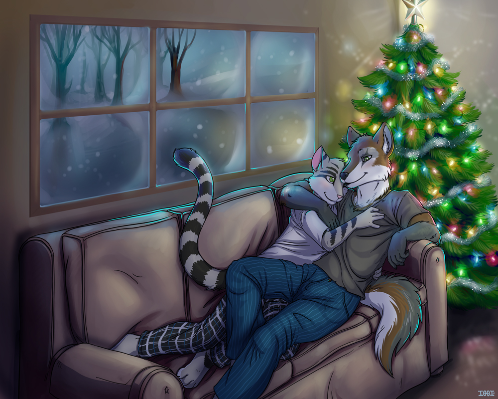 christmas christmas_lights christmas_tree couple cozy cuddling feline female griofo holidays hug iggi invalid_tag leo-leonal lights living_room lying male mammal pajama_bottoms pajamas snow sofa tree window winter