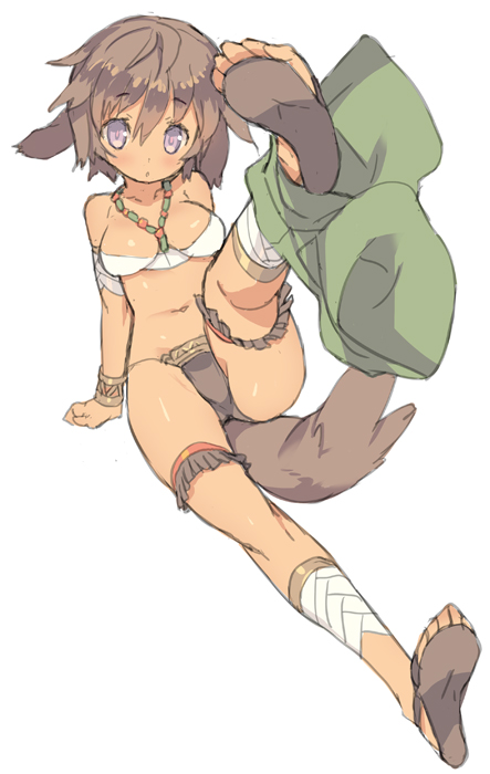 animal_ears ankle_wrap bare_shoulders blade_(galaxist) blush breasts brown_hair cleavage dark_skin dog_ears dog_tail elbia_hernaiman jewelry leg_up looking_at_viewer medium_breasts navel necklace outbreak_company purple_eyes sandals simple_background sitting solo tail toes tribal white_background