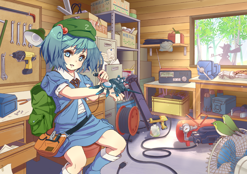 airbrush backpack bag bird blue_eyes blue_hair boots box broom cable cardboard_box electric_fan electric_plug forest hair_bobbles hair_ornament hat japanese_white-eye kawashiro_nitori kirisame_marisa looking_at_viewer mechanical_arm monmonga multiple_girls nature open_clothes open_shirt over_shoulder pincers puffy_sleeves radio shed shelf shirt short_sleeves shoulder_bag silhouette sitting skirt tools touhou two_side_up window wrench