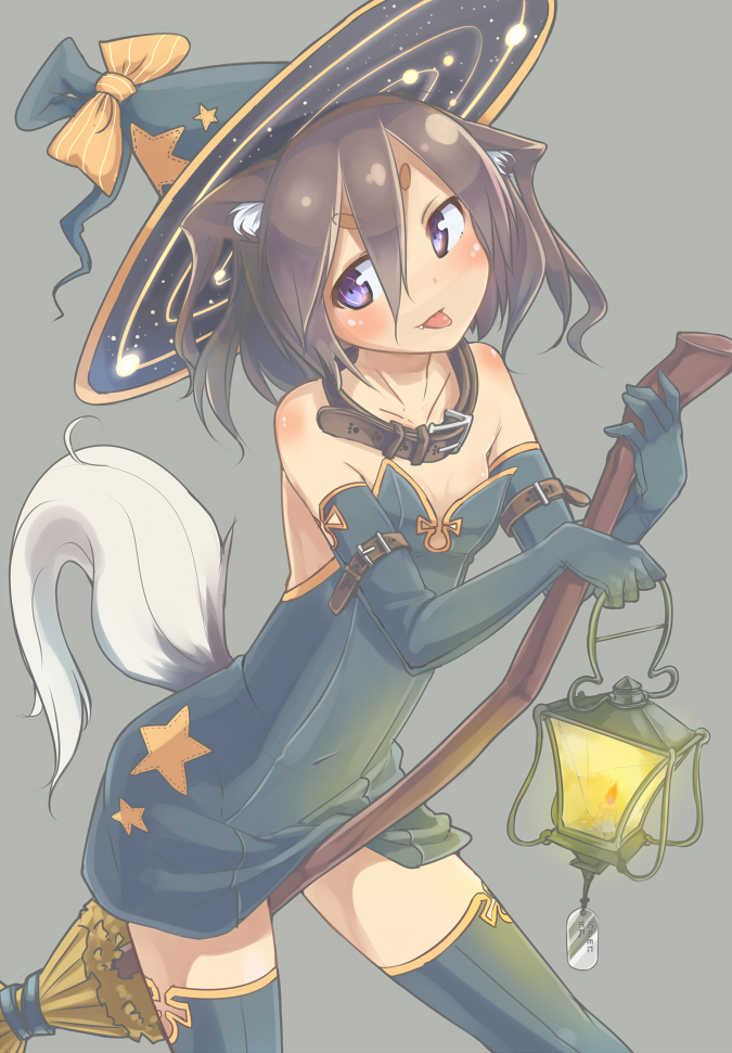 animal_ears bad_id bad_pixiv_id broom brown_hair collar dog_ears dog_tail elbow_gloves flat_chest gloves hat original purple_eyes short_hair solo tail thighhighs u_(mikaduki0720) witch_hat